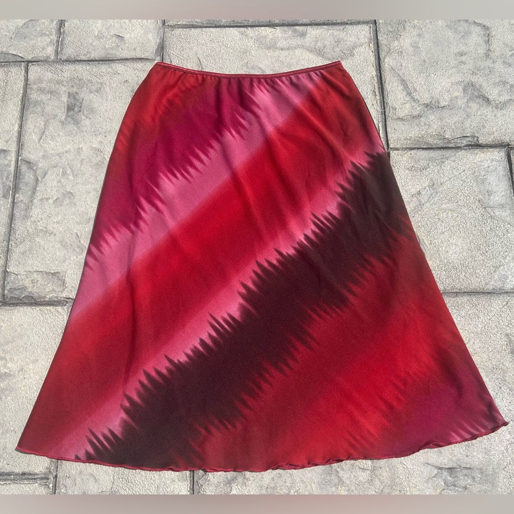 Vintage 90s y2k mesh bias midi knee skirt red pink ombre tie dye gradient S M
